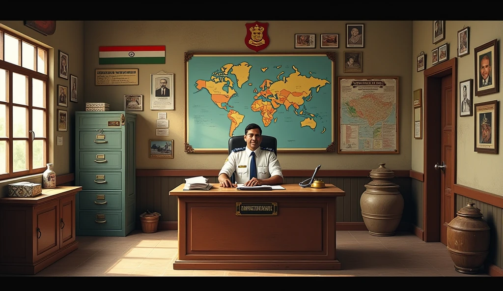 Create a rural Indian police station set located in a Maharashtrian village. Feature weathered wooden desks, metal filing cabinets, and traditional elements like the **Satyamev Jayate emblem** and maps of India and Maharashtra. Add a nameplate for Inspector Mule, a vintage rotary phone, and wall-mounted photos of national leaders like Gandhi, Netaji, and Bhagat Singh. Include a small holding cell with iron bars, a pin board with case files, and pani math (water pots). Design a lady officer’s desk with essentials like a register and tiffin box, capturing the authentic look and feel of a functional village police station.