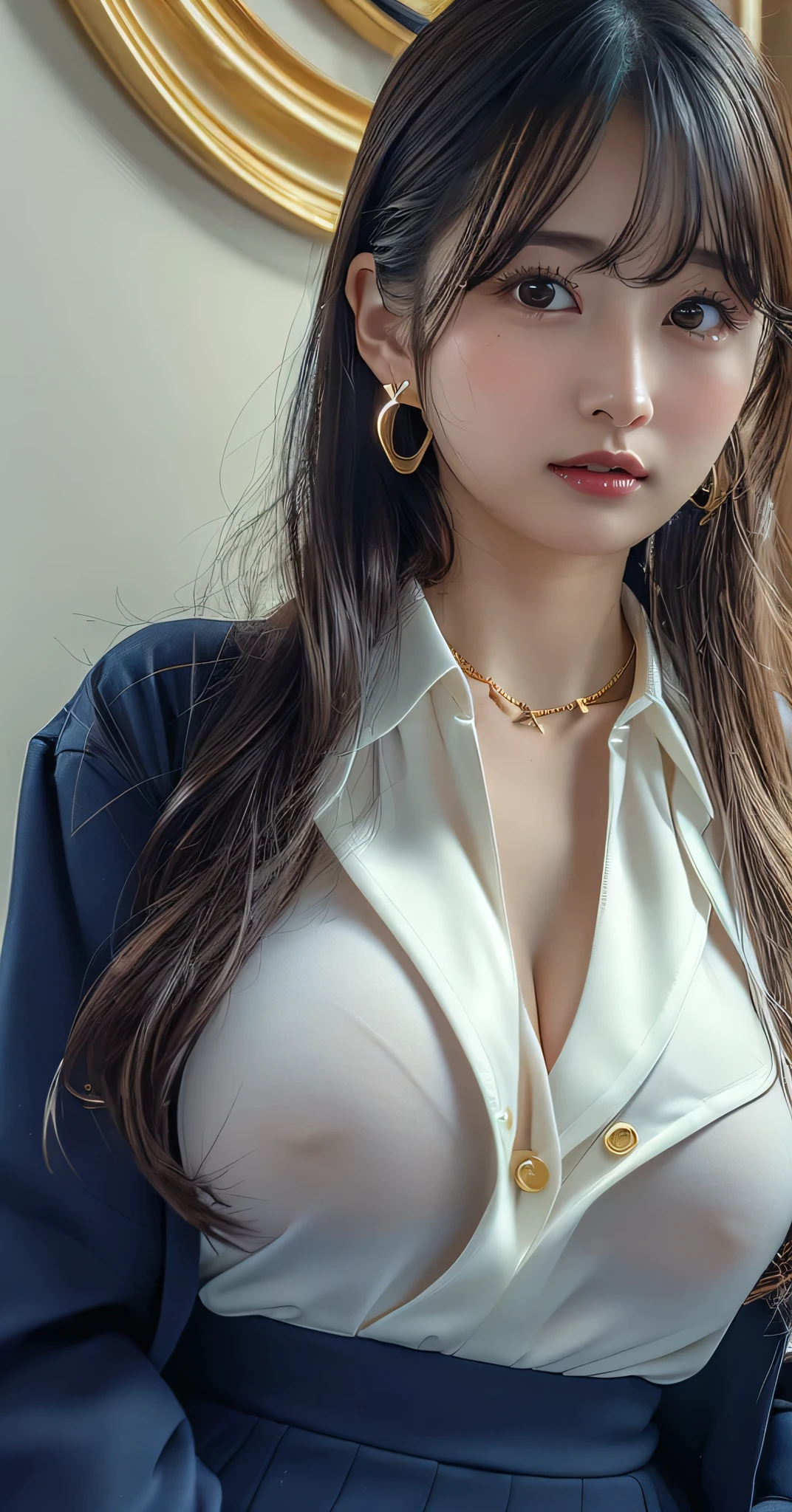 (8k,RAW Photos,Like the picture:1.45),masterpiece,Highest quality,wonderful,(セクシーなMature Woman:1),(Mature Woman:1.3), (2 woman.1.3)、(((very, very大きい胸)))、(((Extremely lewd and very huge boobs)))、(((Very deep cleavage)))、Hyper Real、In her spacious office、A beautiful and dignified smile、Beautiful white skin、Beautiful, delicate and precise skin texture、With long, fluffy, beautiful brown hair(ponytail:1.0)、Beautiful Japanese Women、(Big Ass)、Thick thighs、Bright red lips、Gold small star shaped earrings、Gold bracelet、Gold Necklace、{Dark royal blue suit((White blouse))},