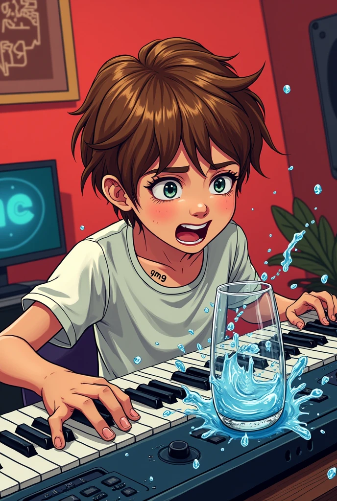 make a scene of a white teenager ,chestnut hair, using a redset and with a small tattoo saying "GN9", he is in a scenario as if he was doing live, and spills a glass of water on your keyboard. do it in comic book style