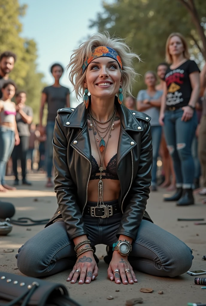 russian milf woman, grey hair (pouf, and top bun and shaved sides) and wide colourful bandana as headband, with very light blue eyes, extremely pale. Wearing cropped black moto jacket with lots of zippers and pins, black push up bra with white seams , dark skinny blue jeans with holes in knees and dirty white tennis sneakers. Lots of metallic bracelets and beads collars. Tacky wide studded leather belt with oversized skull and bones buckle. Long bohemian earrings with colourful feathers. Kneeling like in a payer, chin up stretching her neck , humble facial expression. Hands on her knees, showing off bracelets and rings. studded black leather tote bag with chains on the floor, next to her.. Listening in amazement to somebody speaking to her, well toned abdominals, thin neck, slim legs and thin arms. Tattoed heavily on chest and hands. Dirt street in Kenian village full of waste. A lot of tanned shirtless men in jeans around looking at her. next to her, all her belongings scattered on the floor: makeup kit, little makeup mirror, studded black leather tote bag, lipstick, wallet, moble etc on the floor