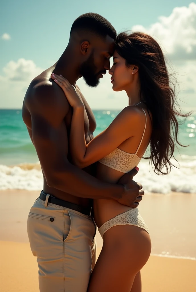 African man and Korean woman having sex while lying on the beach