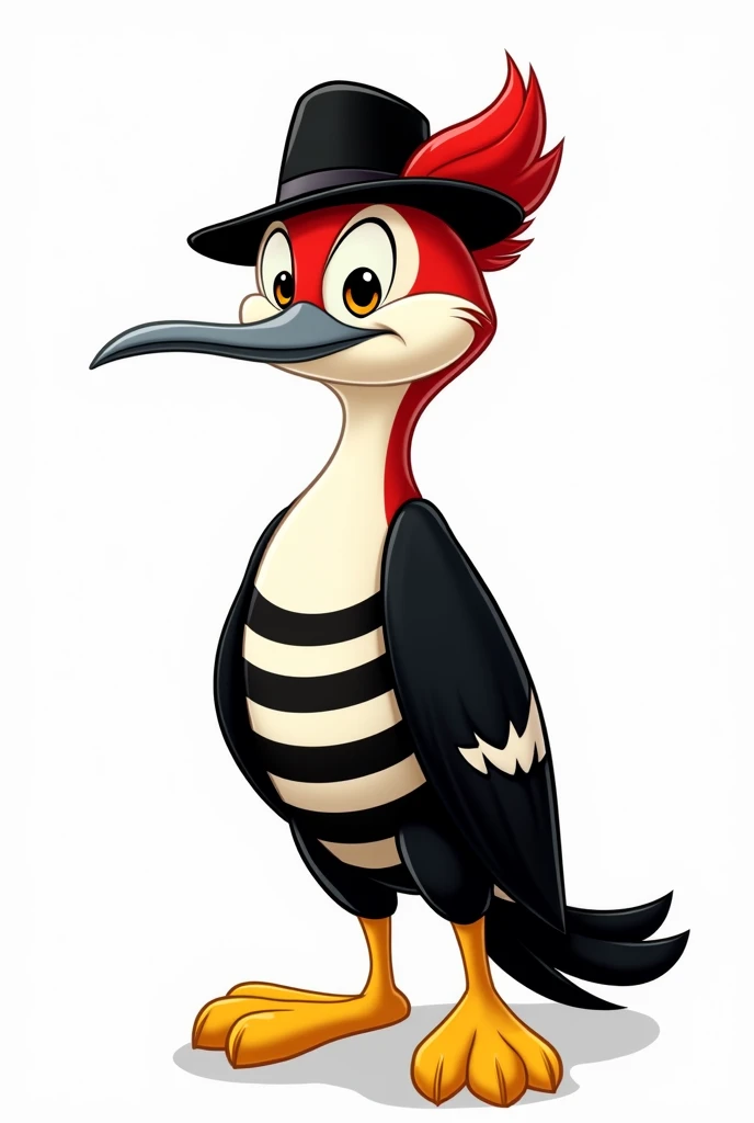 full body character art, a small woodpecker in the Looney Tunes art style, the feathers on its head are red, the feathers on its body are black, on its chest the feathers have a horizontal striped pattern in black and white, its nose is gray, its eyes are yellow , my feet are yellow, totally cartoon style, he wears a black fedora with a small red feather, black fur, yellow eyes, front pose, white background