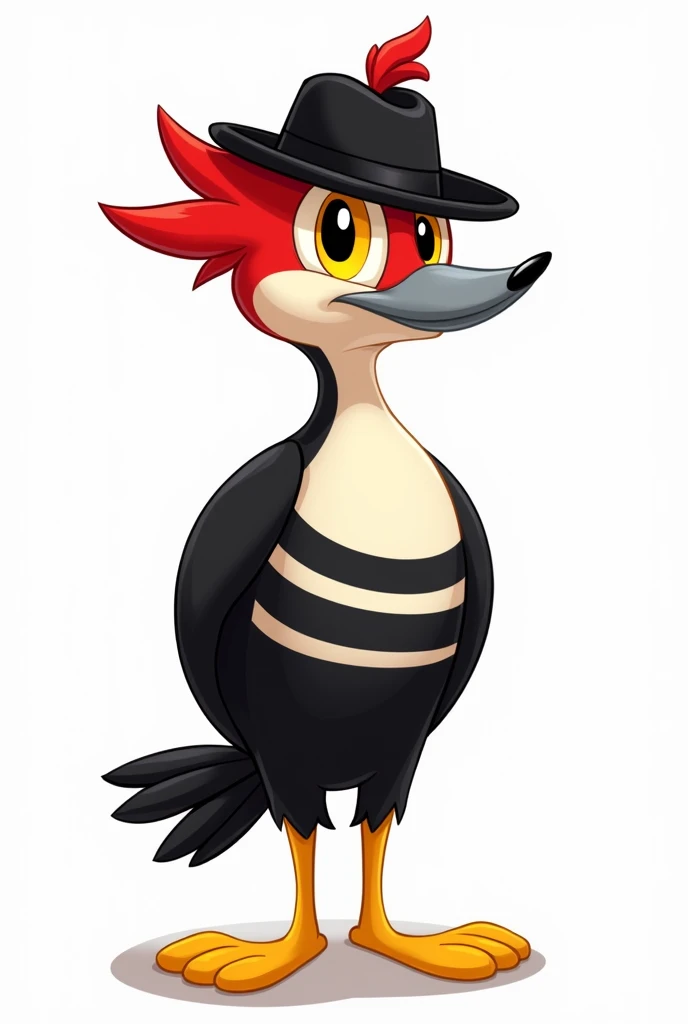 full body character art, a small woodpecker in the Looney Tunes art style, the feathers on its head are red, the feathers on its body are black, on its chest the feathers have a horizontal striped pattern in black and white, its nose is gray, its eyes are yellow , my feet are yellow, totally cartoon style, he wears a black fedora with a small red feather, black fur, yellow eyes, front pose, white background