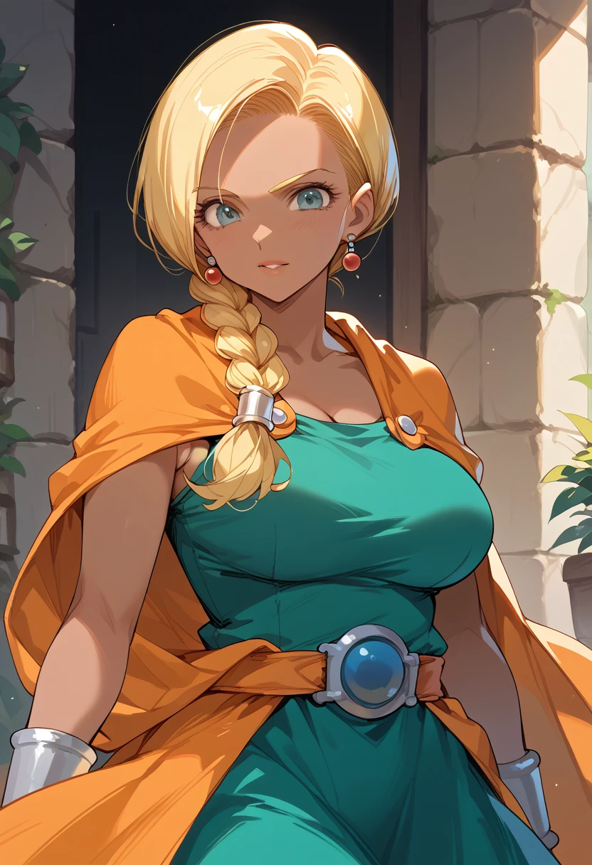 masterpiece,High resolution,Highest quality,8k
(Dragon Quest,Bianca Whitaker)
(Age 25,Mature Woman,blonde,Braid,Big Breasts)(Green Dress,Orange Cape)(((Dark Skin,Dark skin,brown)))