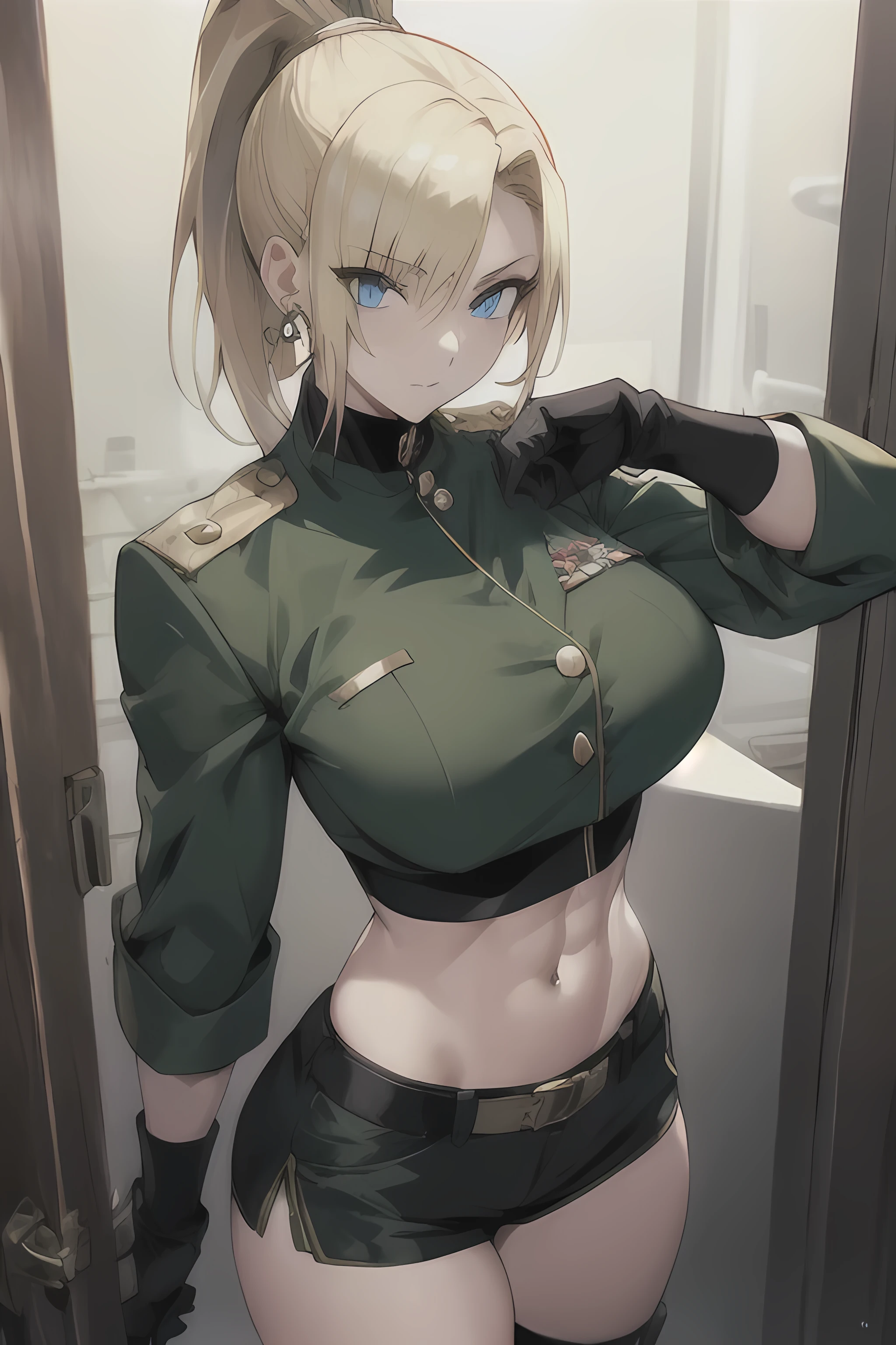 masterpiece,best quality, unreal engine, ultra res, extremely detailed,
1girl, large breasts, waist, slender, (muscular:1.2)
Ino Yamanaka, jewelry,triangle earring, dog tags,
Blonde hair,ponytail, bangs,
Blue eyes, glowing eyes
military uniform,green jacket, collar, short sleeves, collarbone, 
midriff, crop top,
short shorts, black gloves, 
standing , waist shot
ROUND BREASTS, large BREASTS
