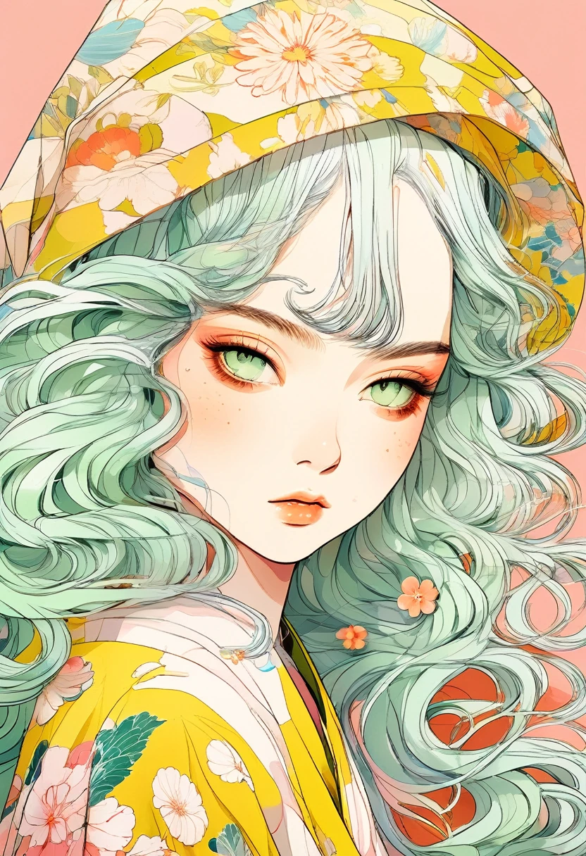 A mesmerizing surreal illustration of a young japanese woman. She has pastel green hair with blunt bangs, yellow eyes, and wears a vibrant pastel colored outfit adorned with intricate floral patterns. Freckles dot her smooth, warm complexion, and bold, colorful tattoos cover her arms and legs. The tattoos feature traditional Japanese motifs like flowers and mythical creatures, rendered with meticulous detail in a pastel color palette. The background is a vintage floral-patterned wallpaper that complements the artwork's colors. The line work is precise, with delicate shading that gives the illustration a 3D quality. The artwork fuses modern illustration techniques with traditional Japanese aesthetics, resulting in a visually striking, portrait,