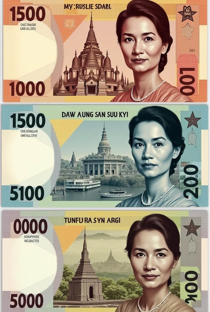 I wanna make my own banknotes for 100, 200, 500, 1000, 5000, 10000, 50000 RISES as usual, in different colors. At the front side of 15.5 cm x 6.9 cm of notes, young Daw Aung San Su Kyi pic  will appear with the value, and at the back, different Myanmar’s popular places will appear. Note; white watermark is at the left side of front view, and if couse at the right side of back mote. Make them in one sheet as a professional.
