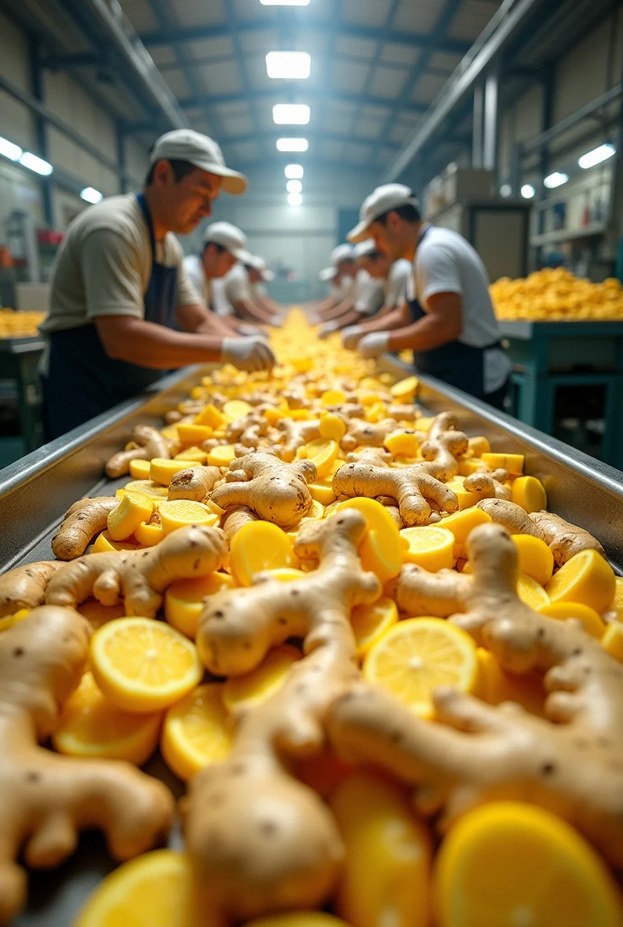 A ginger processing centre with  cleaning slicing peeling drying machine doing high quantity of ginger processing with 10 labours(please show the 
fresh  ginger with slice) ginger in picture and processing machine where manager is leading the staff
