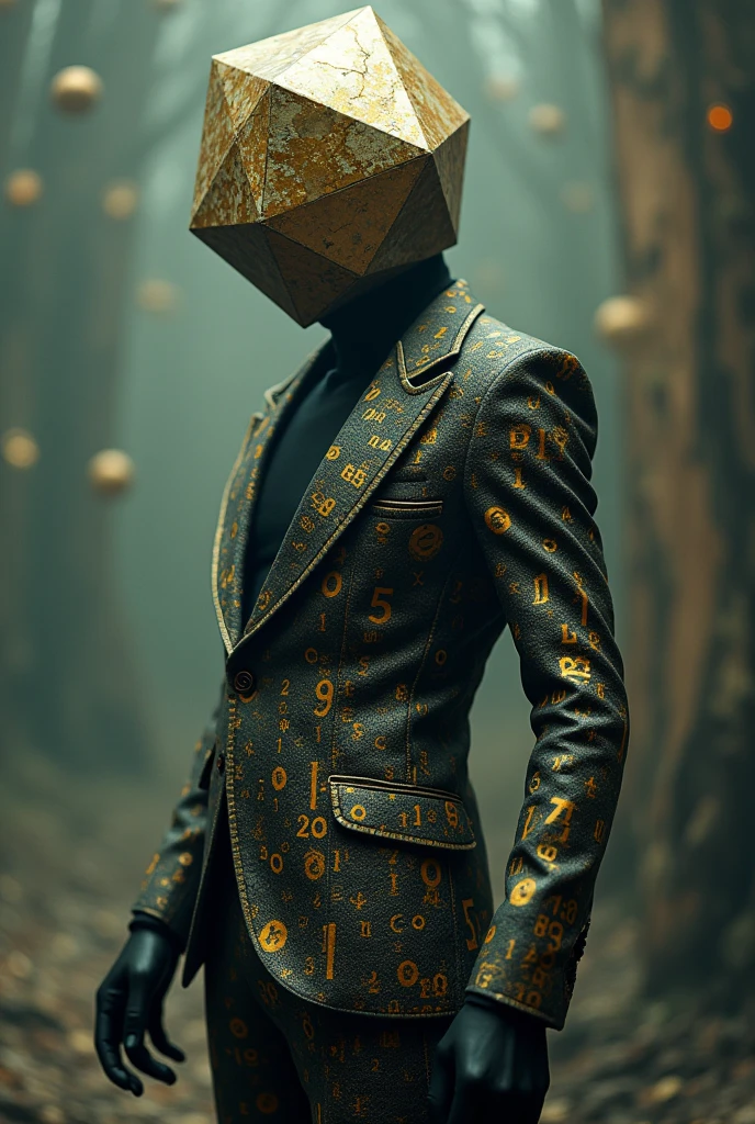 And on the suit there are several numbers drawn in gold And in place of the head there is a 20-sided die