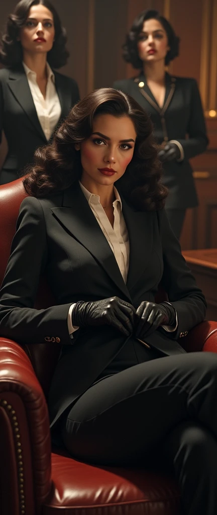 1940s a badass ruthless fearful business crime female tightening her gloves in a formal gentleman mafia suit reclining on desk posing facing her females advisors in same room who knows her beauty she like a criminal swagger enchanting lure on display against her enemy in close quarter combat stance