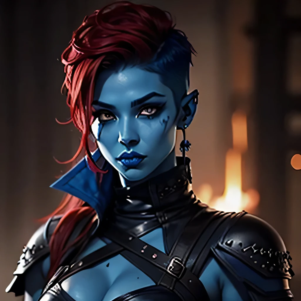 Blue skin, leather arnour, rogue, red undercut hair, beautiful, edgy, goth, sexy, medium sized , kneeling over
