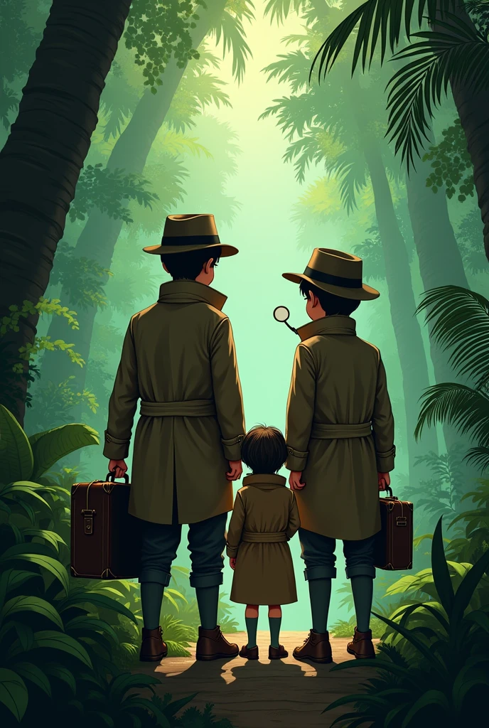 Two boys in the jungle to solve a mystery with a detective dress. Pose from back side with their sister with a suitcase
