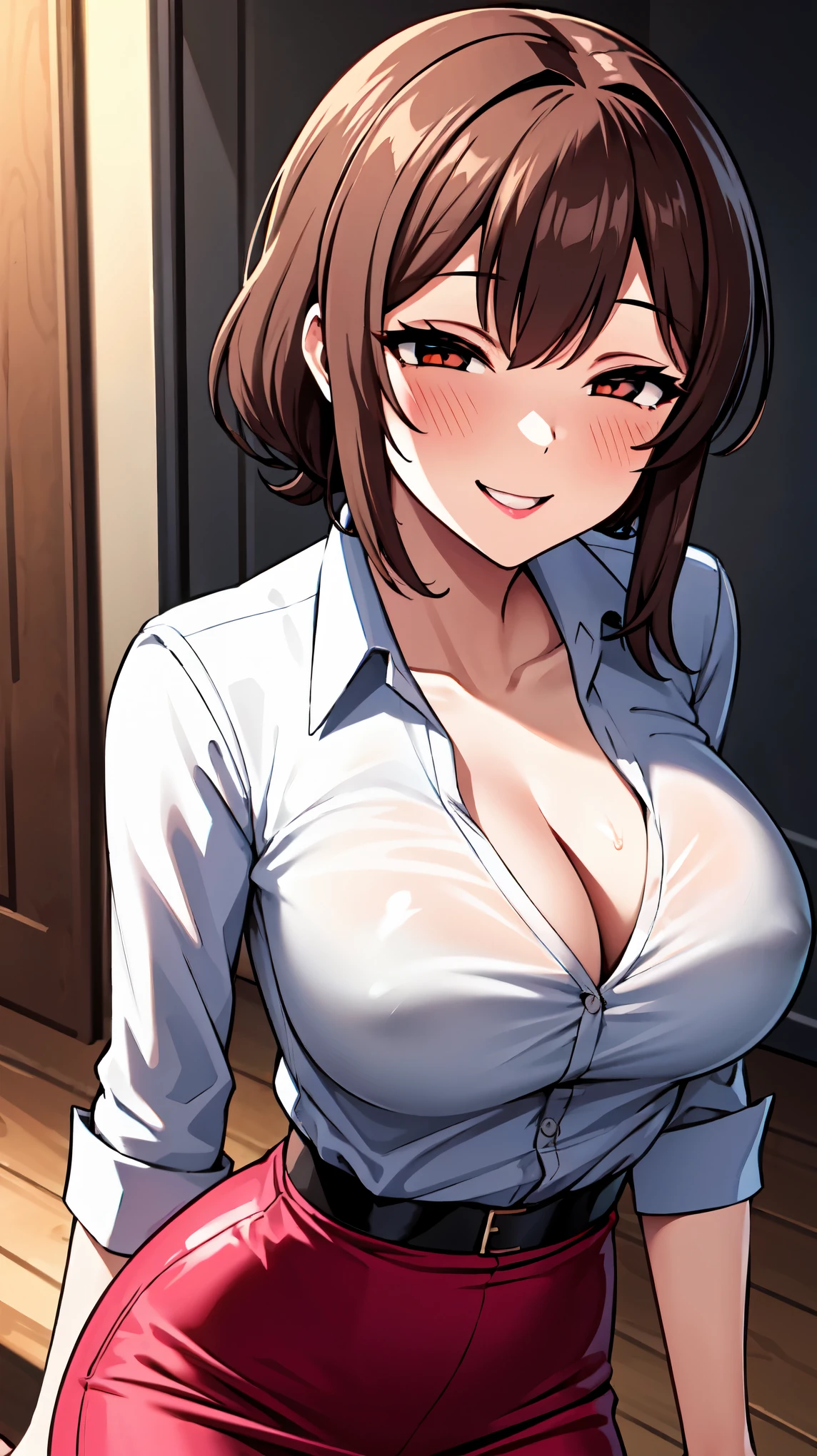 （（super high quality,Ultra-high resolution,16K,super masterpiece,Ultra HD ,Detailed shading,））One sexy woman,Sexy naked shirt,popped Tight collar White Pink shirts,Red pencil skirt, Looking at the camera,smile,blush,