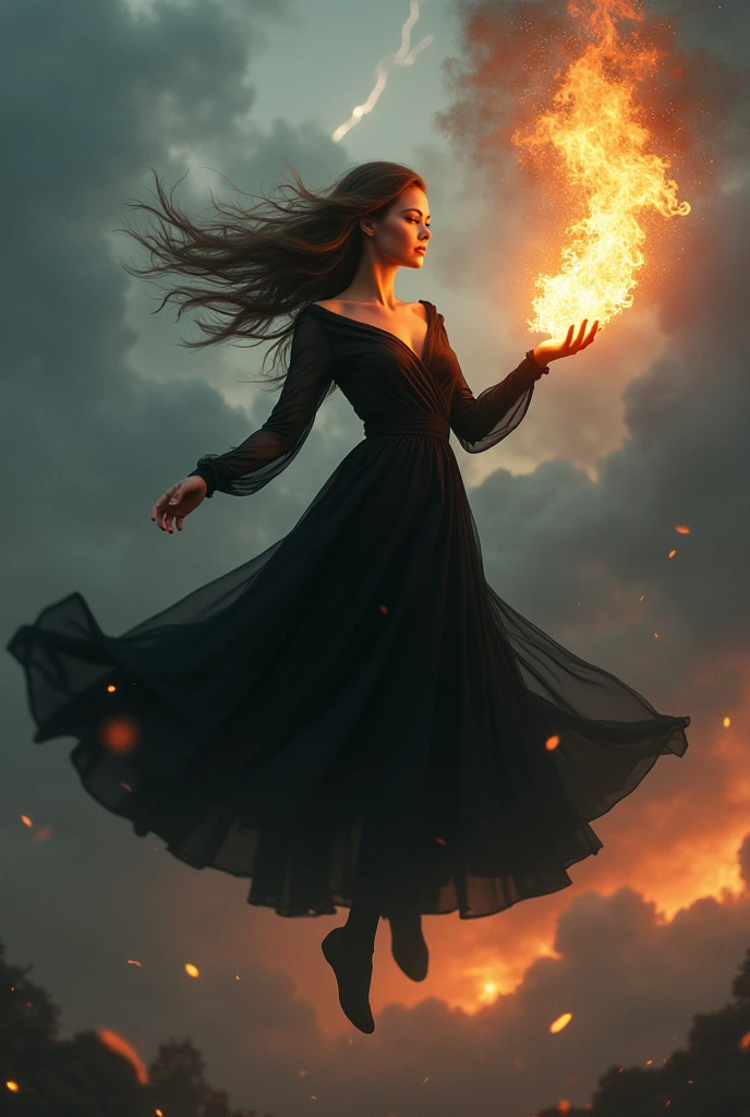 Creat a image of a woman who has flying in the air having fire in her hand and she wear black long dress
