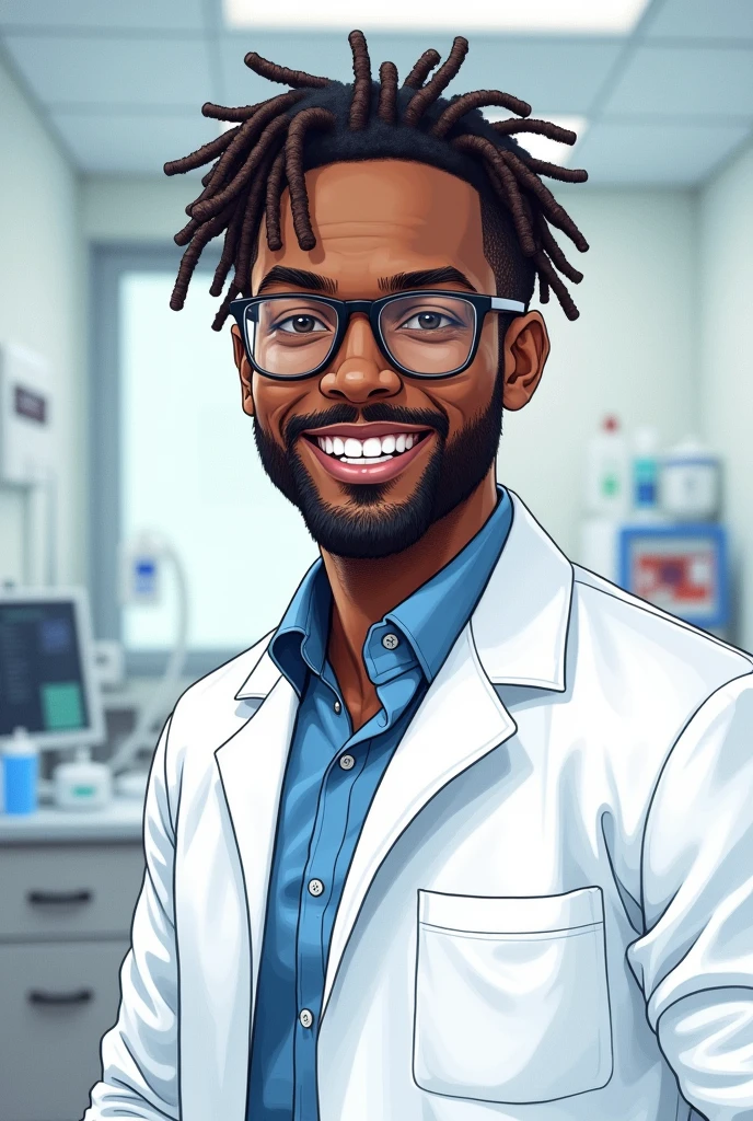 A drawing of a black male doctor wearing dreadlocks and glasses,