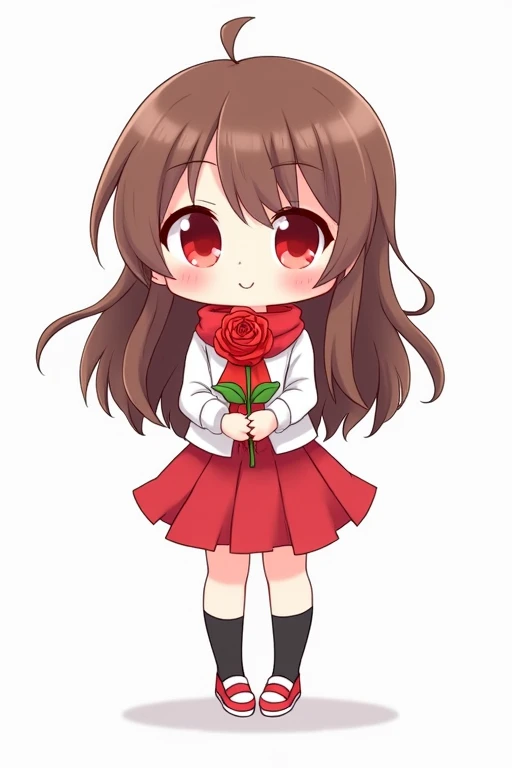 A cute anime girl with long brown hair, red eyes, wearing a white dress shirt with a red scarf-shaped ribbon, a red skirt, black socks, and red shoes with white areas is smiling and holding a red rose in both arms, this is a deformed illustration.