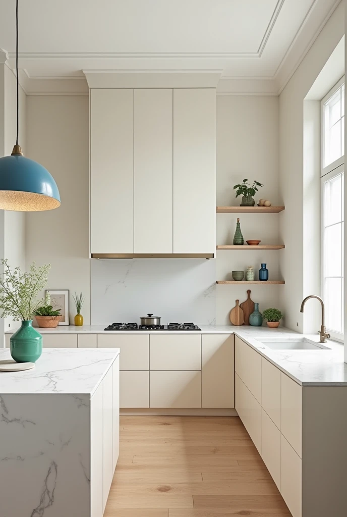 Design a minimalist complete kitchen that conveys elegance and functionality. Use a neutral color palette, as white, gris o beige, for walls and furniture. The design must include:
1. **walls:** Painted in a soft white or light grey to create a light and airy environment.
2. **furniture:** Opt for furniture with clean, modern lines in beige or grey tones. Includes cabinets without visible handles to maintain the minimalist aesthetic.
3. **Work Surface:** A white or grey marble countertop that complements the rest of the space.
4. **floor:** A light wood floor or ceramic floor in neutral tones to add warmth to the environment.
5. **Color Accents:** Incorporate specific color accents, as a pendant lamp in a vibrant blue or green hue, or kitchen utensils in bright colors that provide visual contrast without overwhelming the space.
6. **Decor:** Keep the decoration to a minimum, using only a few decorative elements such as simple potted plants or abstract art on the walls.
7. **lightning:** Make sure there is plenty of natural lighting, complemented by recessed lighting and an elegant central lamp.