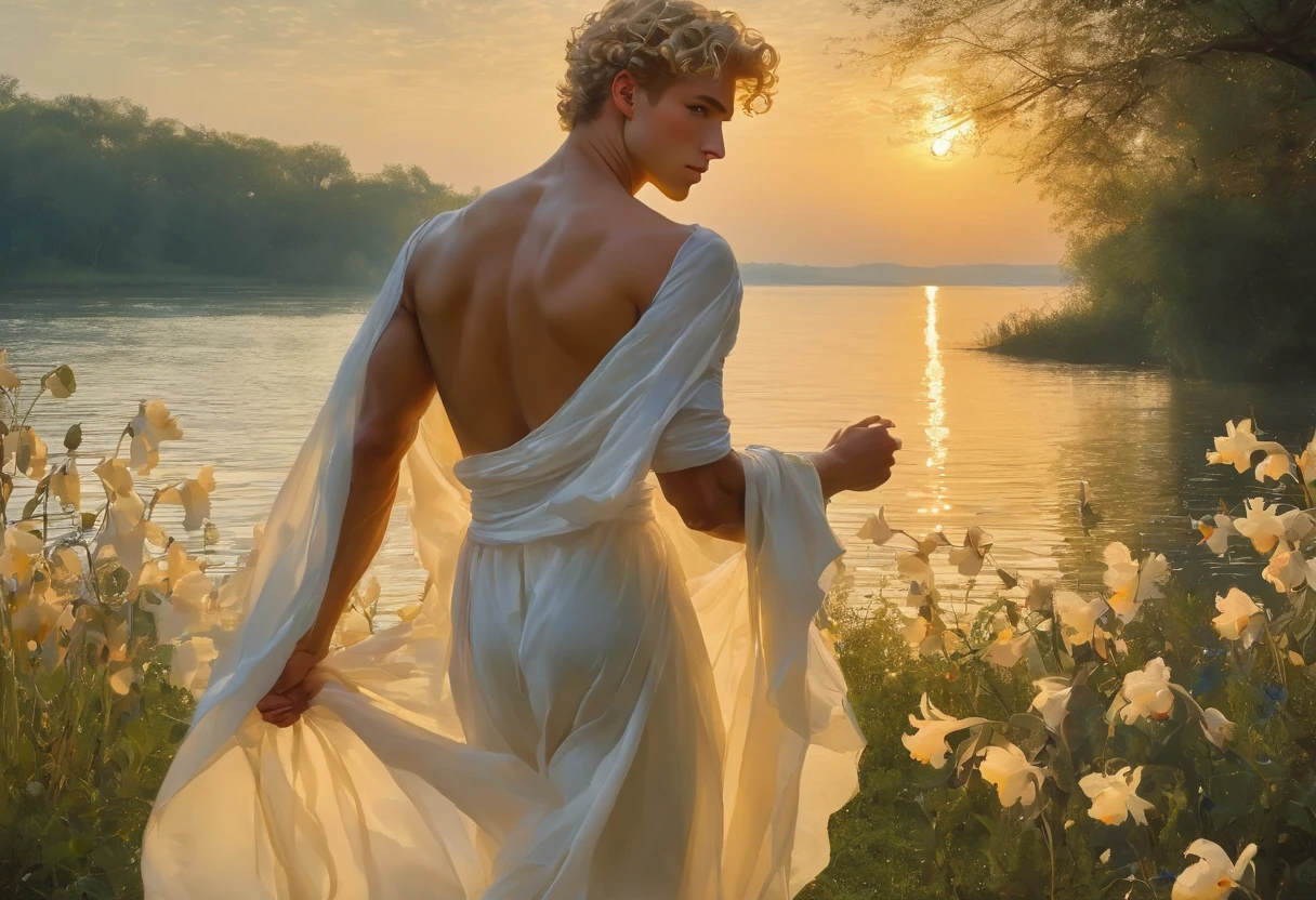 candid an full body photo of prince charming, 2 male supermodel, attractive and exotic, short curly blonde hair, a masculine appearance with slender smooth body, delicate and symmetrical face, natural olive skin tone, pose standing on lake, (holding bouquet flower), looking at viewers, inspired by Irises by Vincent Van Gogh 18, he is wrapped in classical drapery sheer pastel color fabric, with flowing dramatically in the strong wind, some fabric to billow as if caught, The composition include mythological elements, such as a backdrop of a serene with a golden sunrise and nymphs to frame the scene. Illuminate the scene with soft diffused lighting to create a dreamlike, celestial atmosphere, capturing the delicate interplay of light and shadow on his face and body. ((full body shot)), wide-angle lens on a high-resolution DSLR camera to capture the grandeur and intricate details of the setting, while shooting from a dynamic angle to emphasize the model's majestic presence. The overall mood should blend the classical elegance of Botticelli's work with a modern, high-fashion aesthetic, producing an image that feels both timeless and contemporary, adding the Two Cherubs in the sense to balance and harmony the photo, evoke the soft ethereal quality of the Renaissance style, POV, raw photo, ((masterpiece)), ((best quality)), High Resolution, (ultra_realistic), (photorealistic), (NSFW), ((Pay attention to the layer and arrangement of body and surrounding)), ((Pay attention to the body composition)), ((Correct body structure)), ((Correct distance)), romantic atmosphere, lively extremely Gorgeous background,