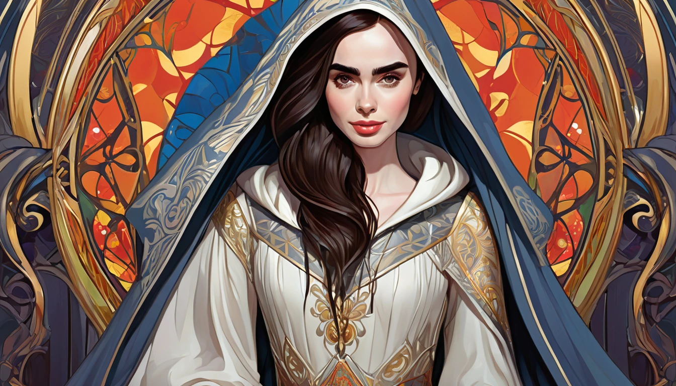 The illustration features a detailed image of a dark-haired Lily Collins wearing a hoodie and medieval dress., Soft and bright, HD Art by Greg Hildebrand, Liu Citemar, Sejic Stepan, Sanyang, Aikut Aidgudu, Justin Gerard, Alphonse Mucha, ArtJam, WLOP and Greg Rutkowski