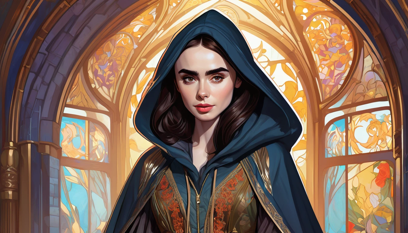 The illustration features a detailed image of a dark-haired Lily Collins wearing a hoodie and medieval dress., Soft and bright, HD Art by Greg Hildebrand, Liu Citemar, Sejic Stepan, Sanyang, Aikut Aidgudu, Justin Gerard, Alphonse Mucha, ArtJam, WLOP and Greg Rutkowski
