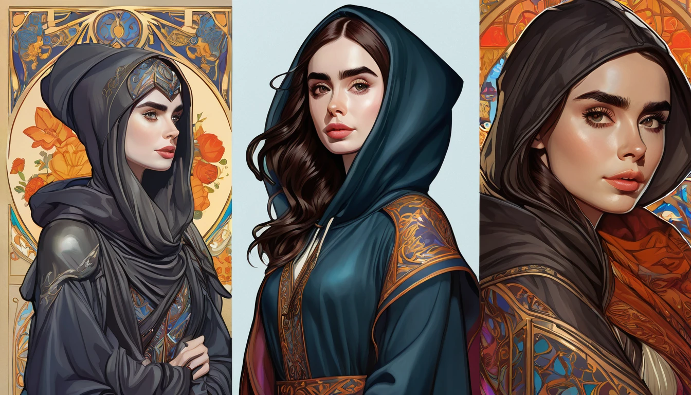 The illustration features a detailed image of a dark-haired Lily Collins wearing a hoodie and medieval dress., Soft and bright, HD Art by Greg Hildebrand, Liu Citemar, Sejic Stepan, Sanyang, Aikut Aidgudu, Justin Gerard, Alphonse Mucha, ArtJam, WLOP and Greg Rutkowski