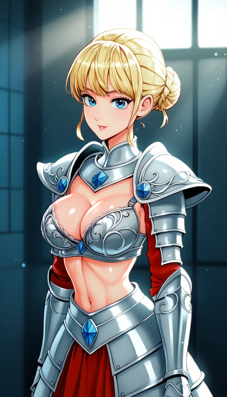 Indoors,in the jail,
Standing at attention,
(helmet:1.3),(armor),(breastplate),(skirt_armor),(silver_BRA),a helmet on her head,armored_boots,
(Blue_eyes),(blonde_hair),(short_hair), (hair_Bun),(Bangs),
1 girl, 20yo,Young female,Beautiful Finger,Beautiful long legs,Beautiful body,Beautiful Nose,Beautiful character design, perfect eyes, perfect face,expressive eyes,
looking at viewer, in the center of the image,(Upper_body),(Focus on her face),
official art,extremely detailed CG unity 8k wallpaper, perfect lighting,Colorful, Bright_Front_face_Lighting,shiny skin, 
(masterpiece:1.0),(best_quality:1.0), ultra high res,4K,ultra-detailed,
photography, 8K, HDR, highres, absurdres:1.2, Kodak portra 400, film grain, blurry background, bokeh:1.2, lens flare, (vibrant_color:1.2)
(Beautiful,large_Breasts:1.4), (beautiful_face:1.5),(narrow_waist),