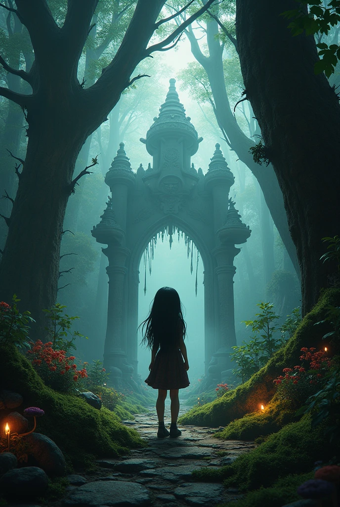 A realistic Dark Fantasy style background of the character Coraline 