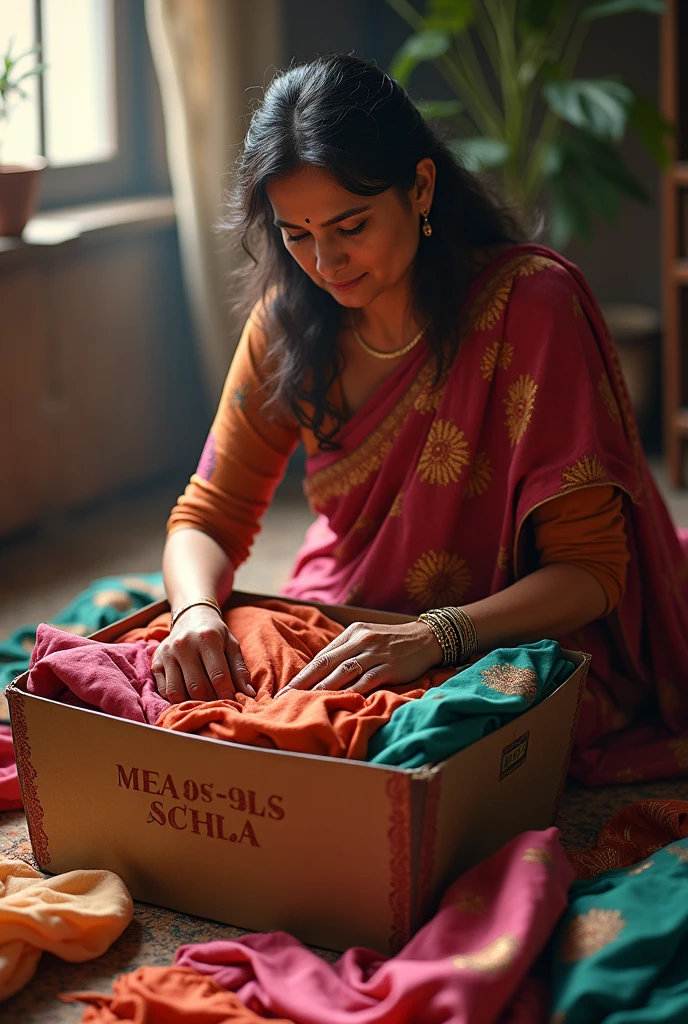 A women keeping her old sarees in recycle box