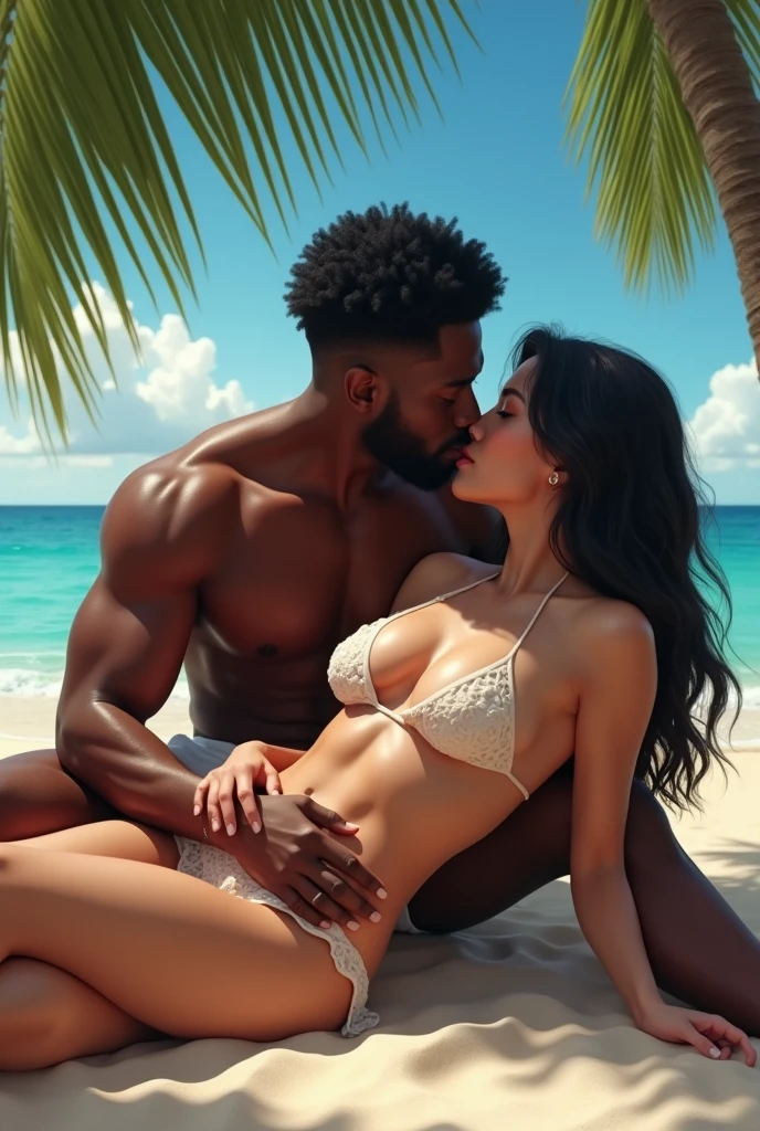 African man groping the breasts of a beautiful Korean girl who is not wearing clothes who is lying on the beach having sex