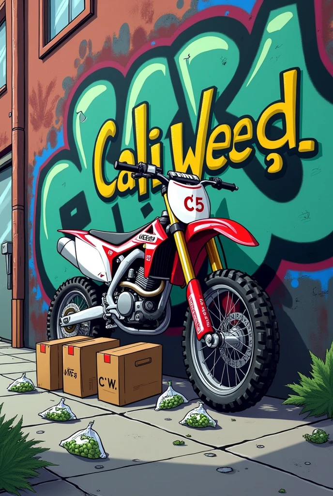 springfield avec un mur ou il y'a tagé Cali Weed35 et contre le mur une moto cross yamaha avec avec 3 boites marron de weed ou il y'a ecrit C.W dessus et sur les boites marron 4 petits pochon transparent de canabis et des petits sachet de cocaïne par terre en cartoon