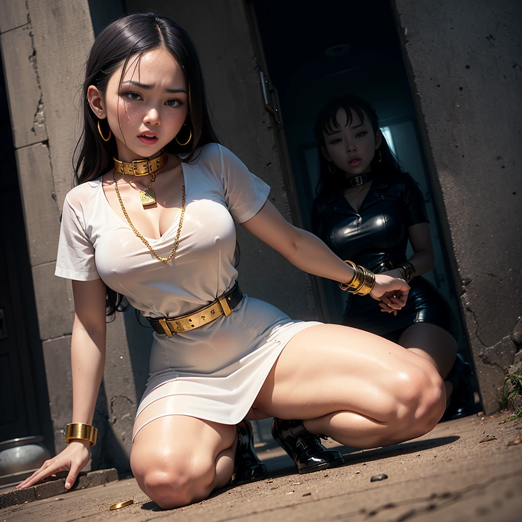 Asian,Straight dress,on my knees,Prison past, obligation,hands tied behind back,gold handcuffs,gold chain,Golden Collar,Earring head,castles,Hands in handcuffs,lie next to you,Streams of tears,agony,curvature,white milk,Flogging,shock from electric shock,leather whip,Injection,