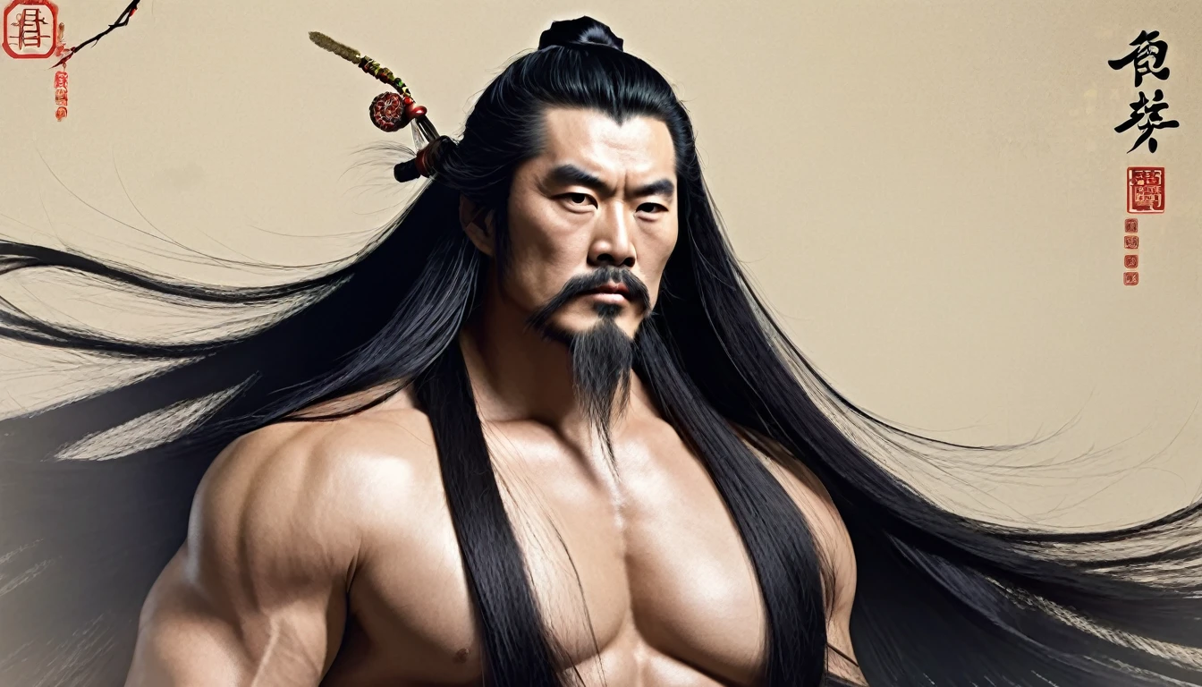 Long black hair, Ancient Chinese Clothing, Middle-aged men, Muscular, Big Guy、Yurukyara style