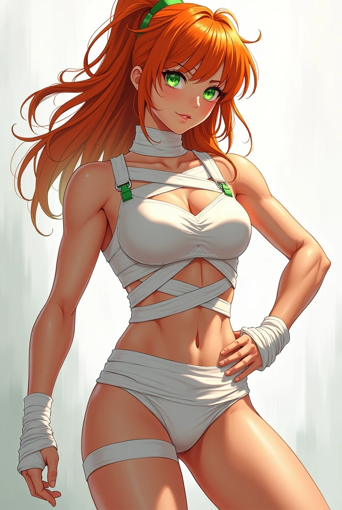 A muscular teenage anime woman with orange hair with green highlights and green eyes, using white bandages to cover the breasts 