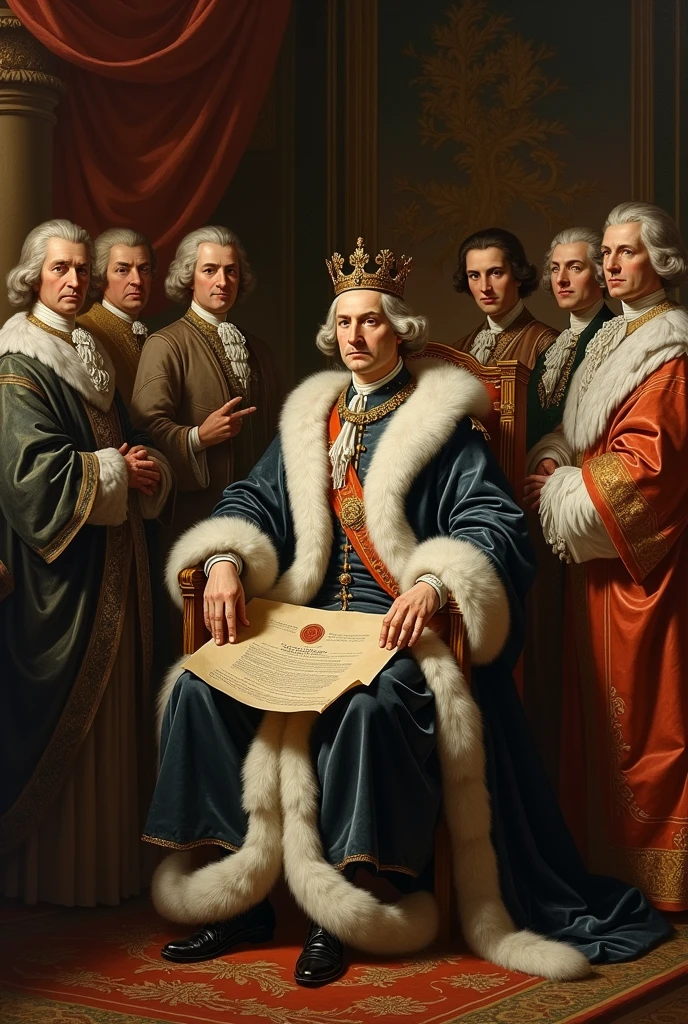 "Image of Louis XVI on a throne, surrounded by advisors, with a parchment representing the States General."