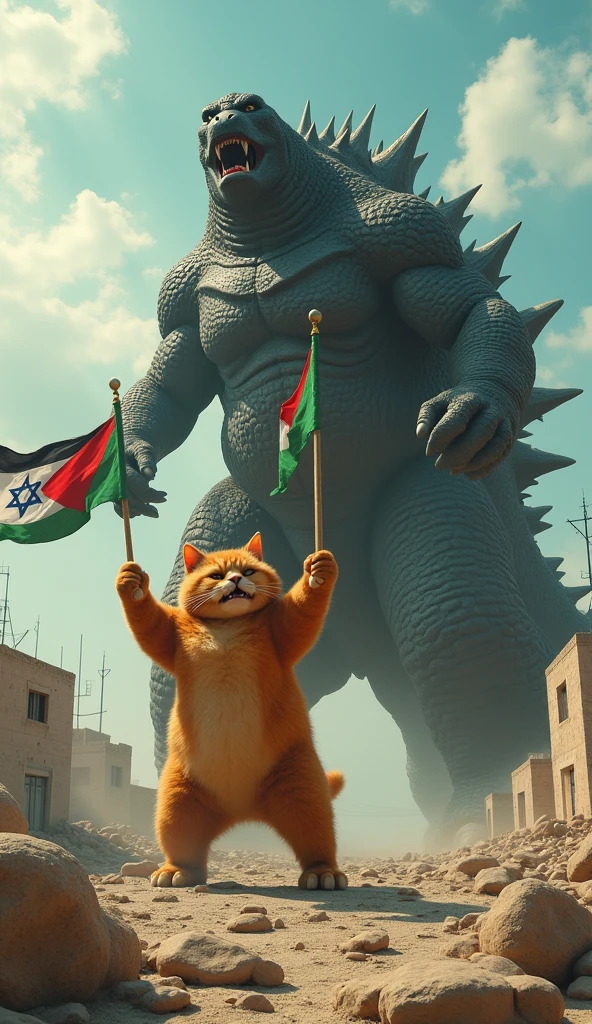 Create a realistic photo of a giant orange cat, stocky, angry face, holding a Palestinian flag, fighting against a giant Godzilla, holding an Israeli flag, in the middle of Palestine