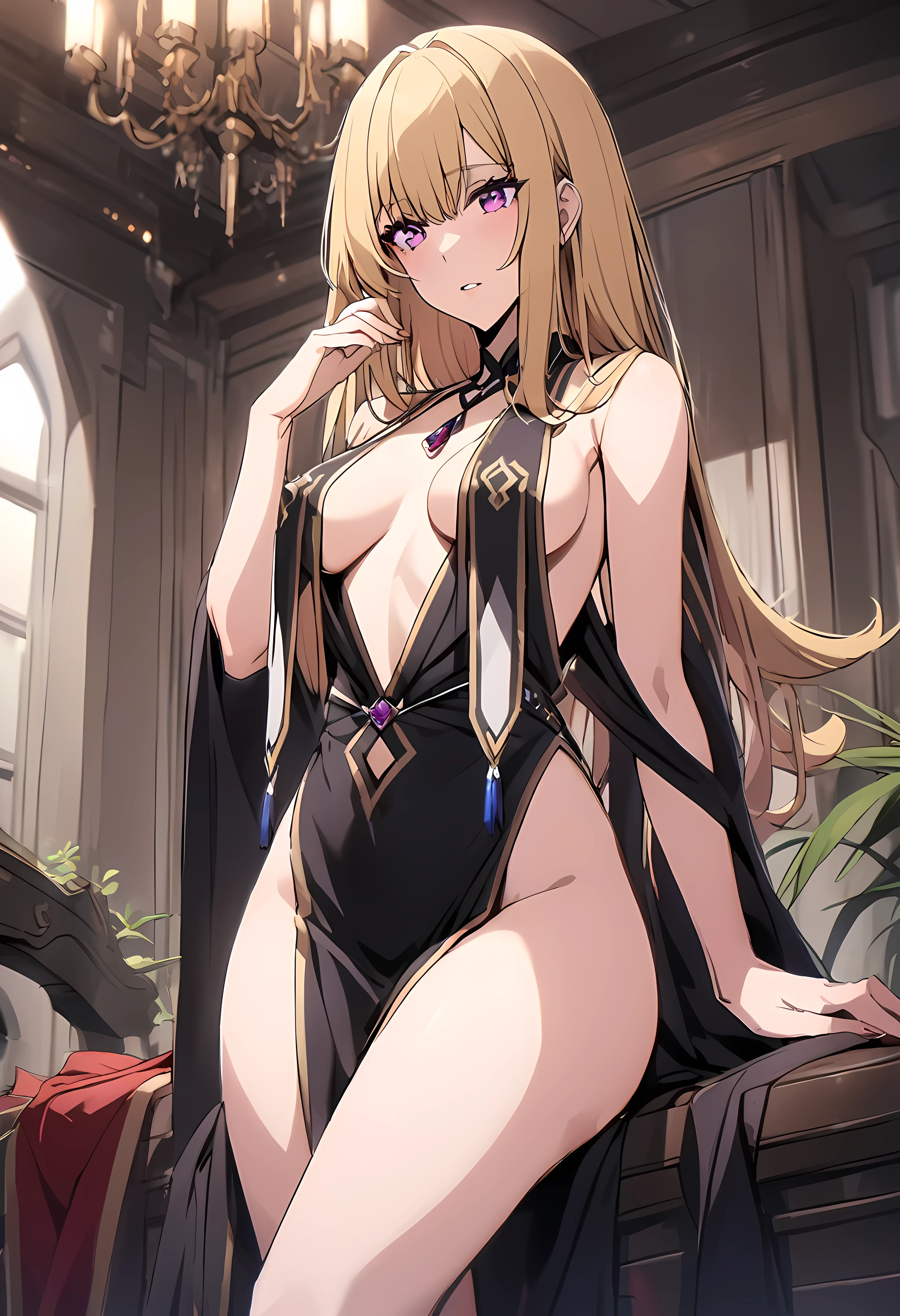 beautiful, black dress, plunging neckline, blonde hair, purple eyes, breast curtains, pelvic curtain, sexy, sensual.