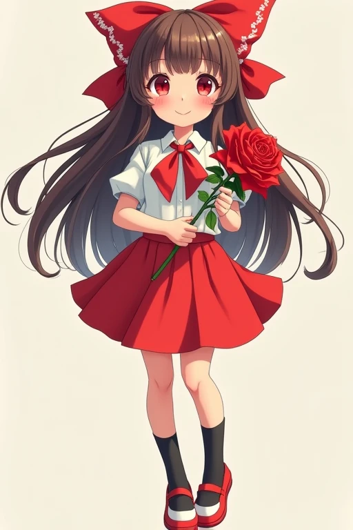 A deformed illustration of a cute anime girl with long brown hair, red eyes, wearing a white dress shirt with a red handkerchief-shaped ribbon, a red skirt, black socks, and red shoes with white areas, smiling and holding a red rose in both arms.