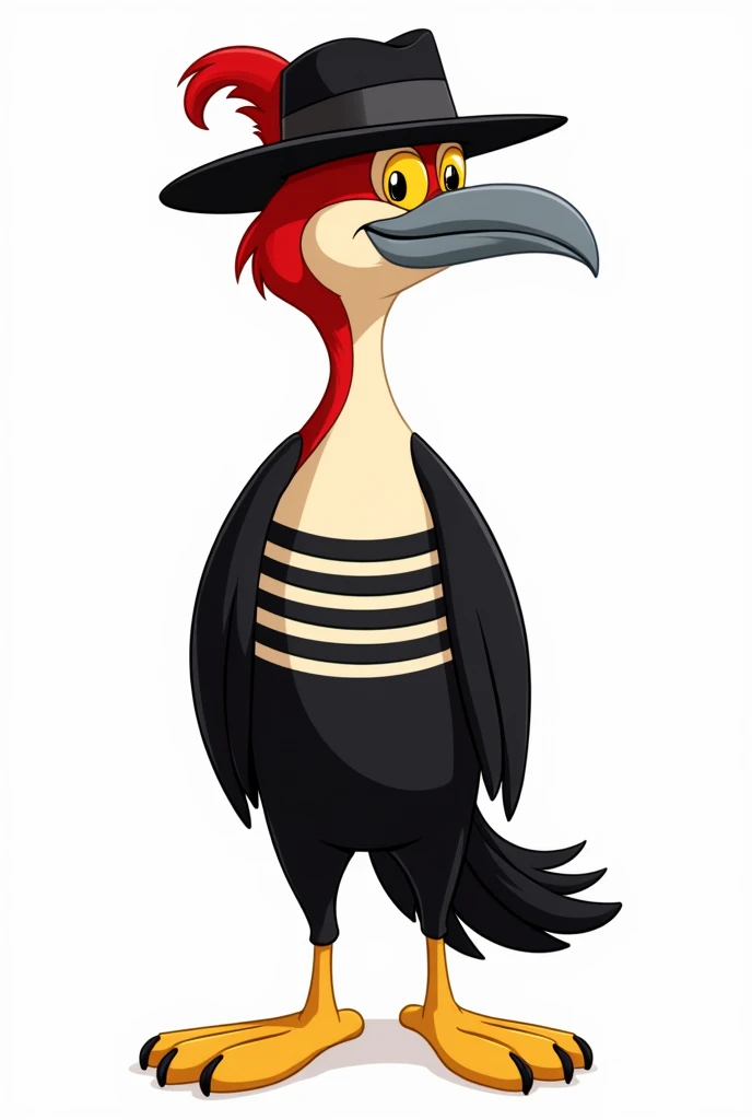full body character art, a humanoid woodpecker in the Looney Tunes art style, the feathers on its head are red, the feathers on its body are black, on its chest the feathers have a horizontal striped pattern in black and white, its nose is gray, its eyes are yellow , my feet are yellow, totally cartoon style, he wears a black fedora with a small red feather, black fur, yellow eyes, front pose, white background