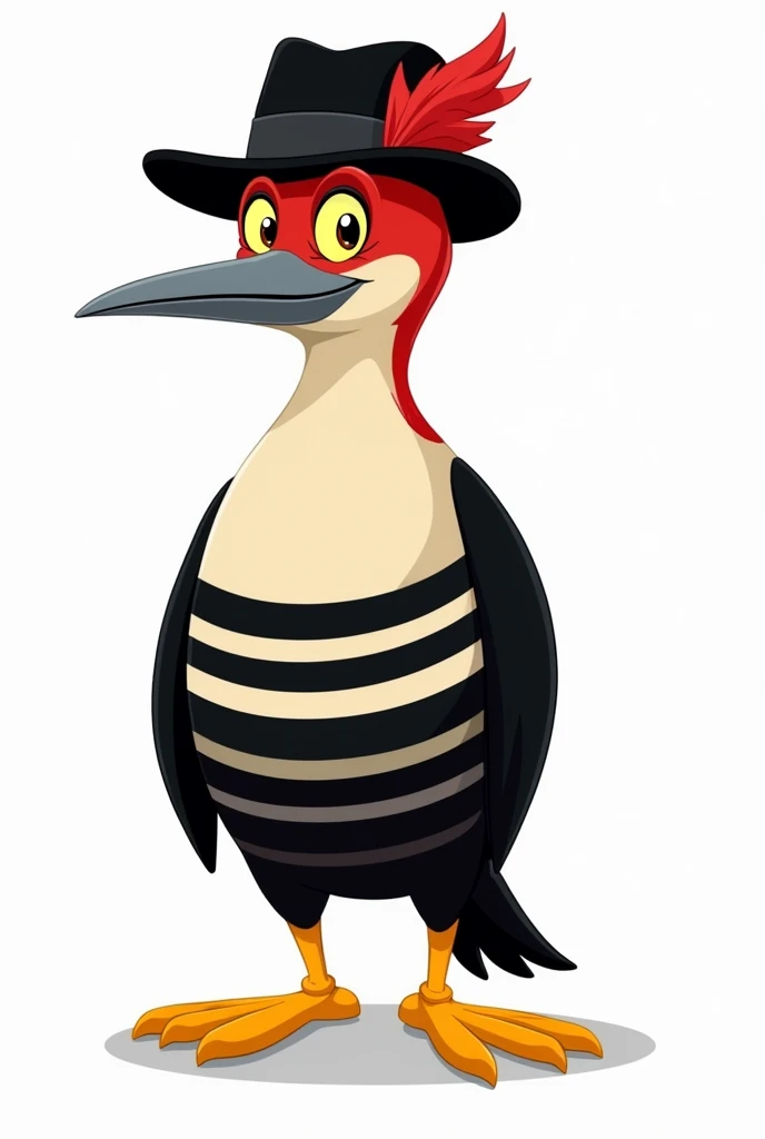 full body character art, a humanoid woodpecker in the Looney Tunes art style, the feathers on its head are red, the feathers on its body are black, on its chest the feathers have a horizontal striped pattern in black and white, its nose is gray, its eyes are yellow , my feet are yellow, totally cartoon style, he wears a black fedora with a small red feather, black fur, yellow eyes, front pose, white background