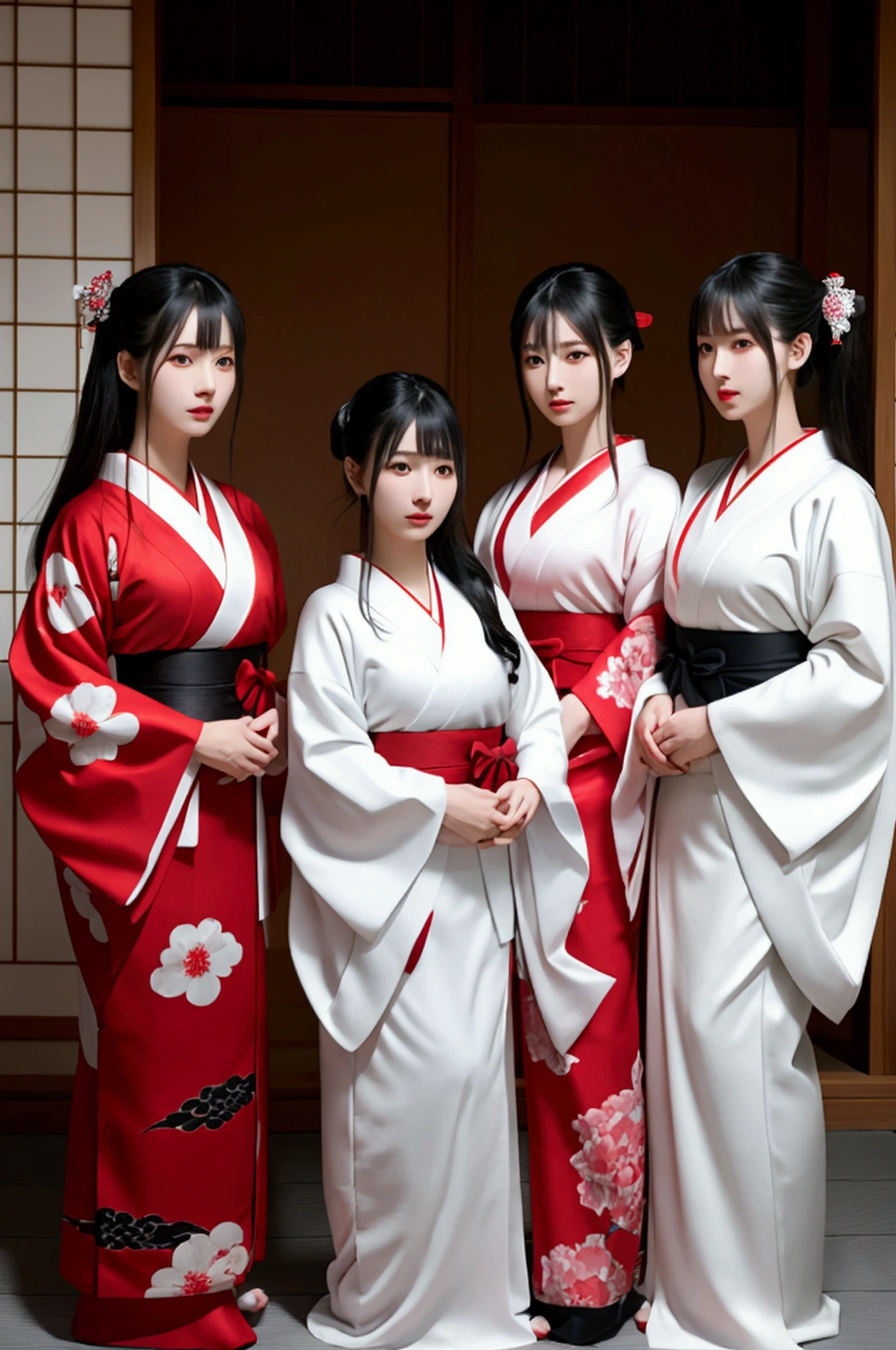 a group of asian 5 girls with white mask without designs, black and red kimono, semi-realistic style, good quality, no nsfw, background a traditional Japanese haunted house