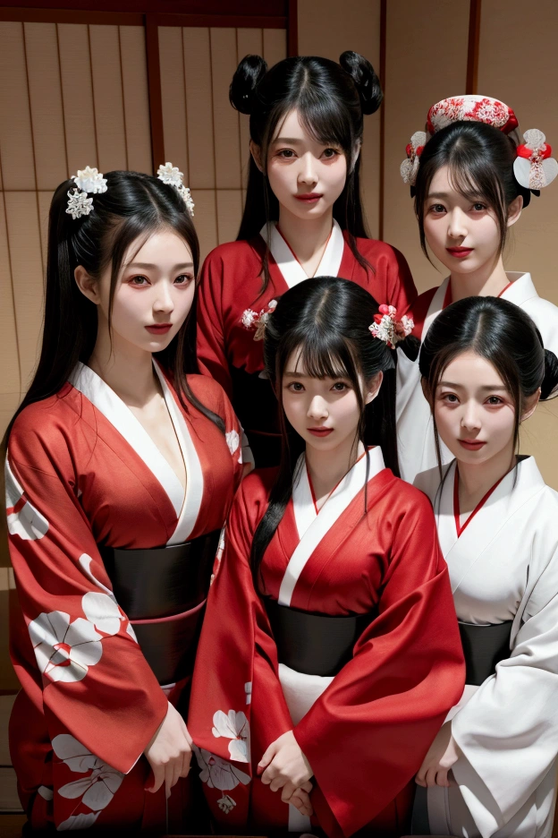 a group of asian 5 girls with white mask without designs, black and red kimono, semi-realistic style, good quality, no nsfw, background a traditional Japanese haunted house 