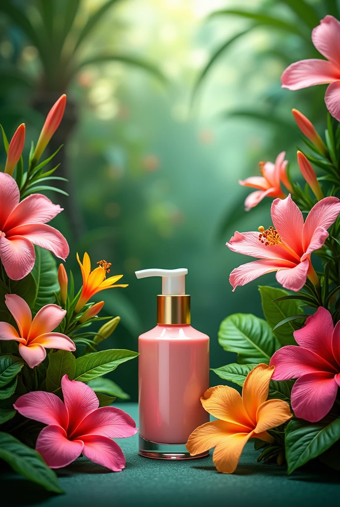 a background with tropical flowers with a space to place a cosmetic.