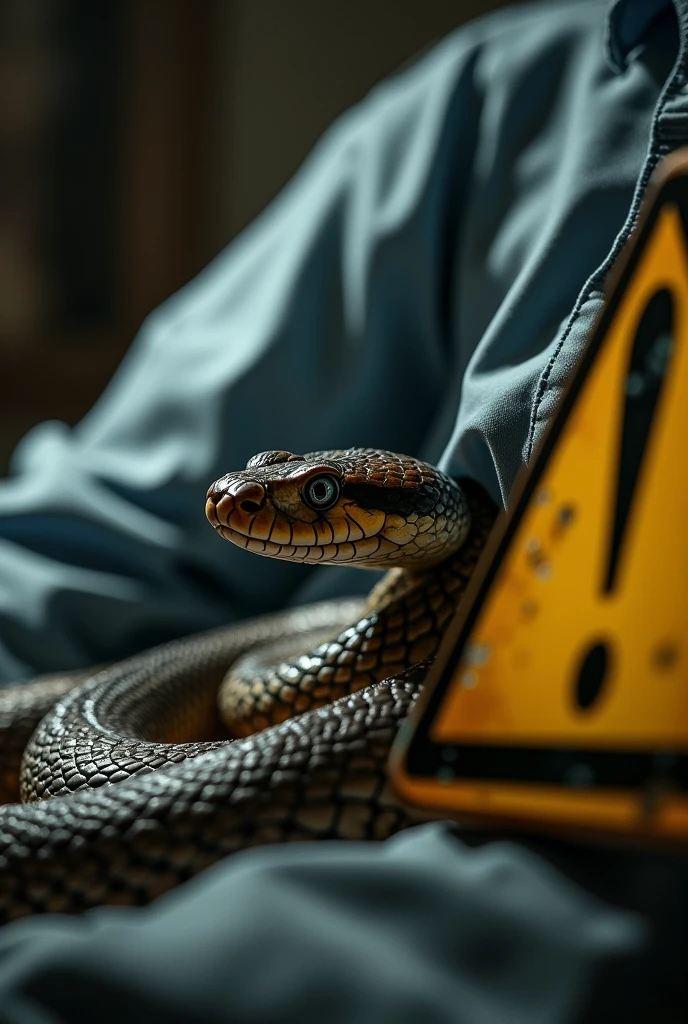 A close-up, realistic scene showing a snake slithering out from underneath clothing. The snake's head and part of its body are visible, emerging from a shirt sleeve or collar. The fabric of the clothes looks slightly ruffled where the snake is moving. In the foreground, a bright yellow warning sign with an exclamation mark is prominently displayed, partially overlapping the scene. The background is slightly blurred, focusing attention on the snake and the warning sign. The lighting is dramatic, emphasizing the texture of the snake’s scales and the fabric of the clothing. The overall tone is suspenseful, hinting at danger or a shocking surprise.