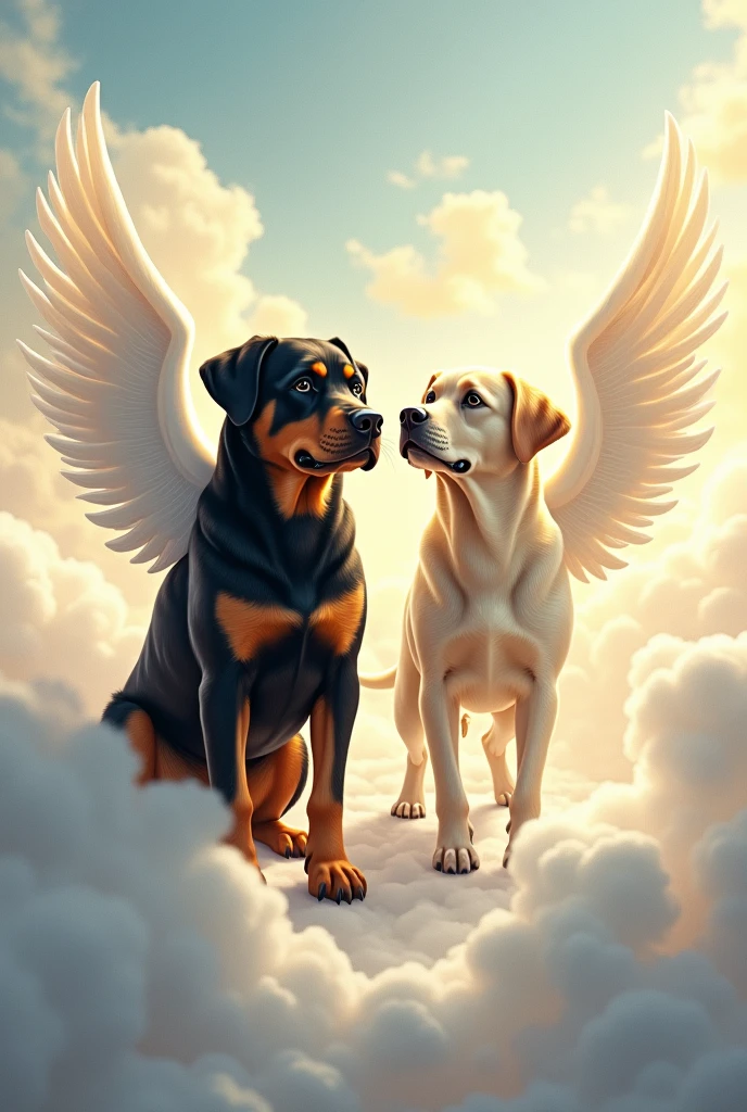 Create a drawing of a Rottweiler dog, with black muzzle and chest, with angel wings, arriving in heaven and being welcomed, in the sky, by another dog, Labrador, light-colored, also with wings.