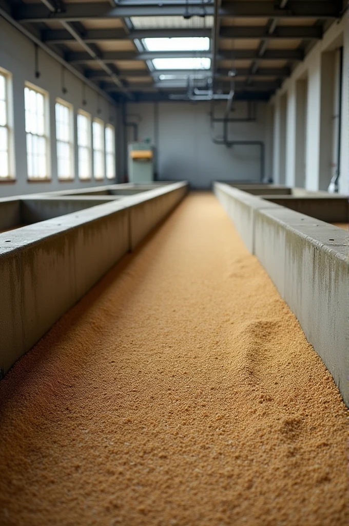 Steeped barley is put in long, rectangular, concrete open-top boxes equipped with perforated floor plates to permit flow of conditioned air