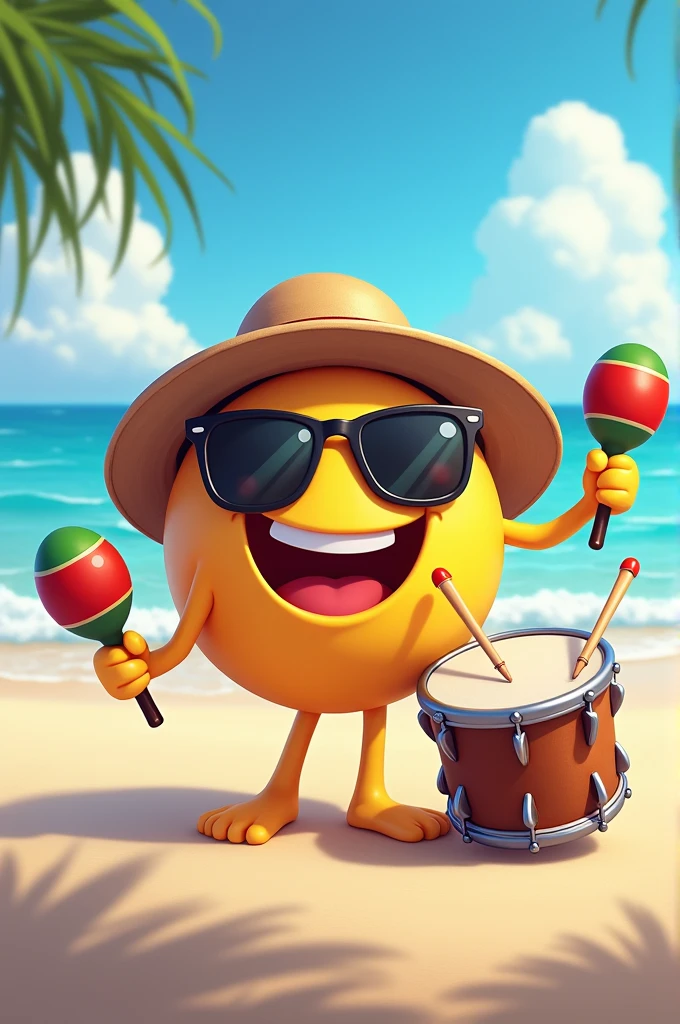 Smiling emoticon with sunglasses , coastal hat, drums and maracas