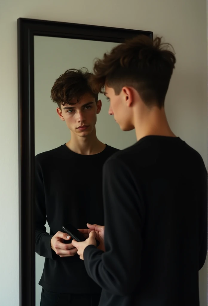 beautiful young skinny tanned boy, (wearing dark clothes), ((photo in front of mirror holding cell phone))