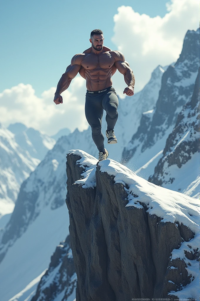 A bodybuilder is balancing on a mountain in sneakers