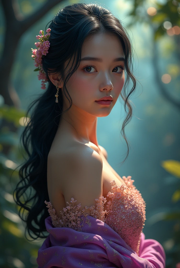 Full movie 4k hipper Think of it like the movie poster for In the Wind of Flowers.. The full-body image features a beautiful young woman as the main character., Wearing a sparkling pink Dusit Thai dress and a purple and gold sarong, have long black hair, Tie loosely and secure with a small hair clip floating at the back.. Light from the stars, Beautiful and realistic scenes of a mysterious forest, Glittering light. 3D image, oil painting, Sharp picture.