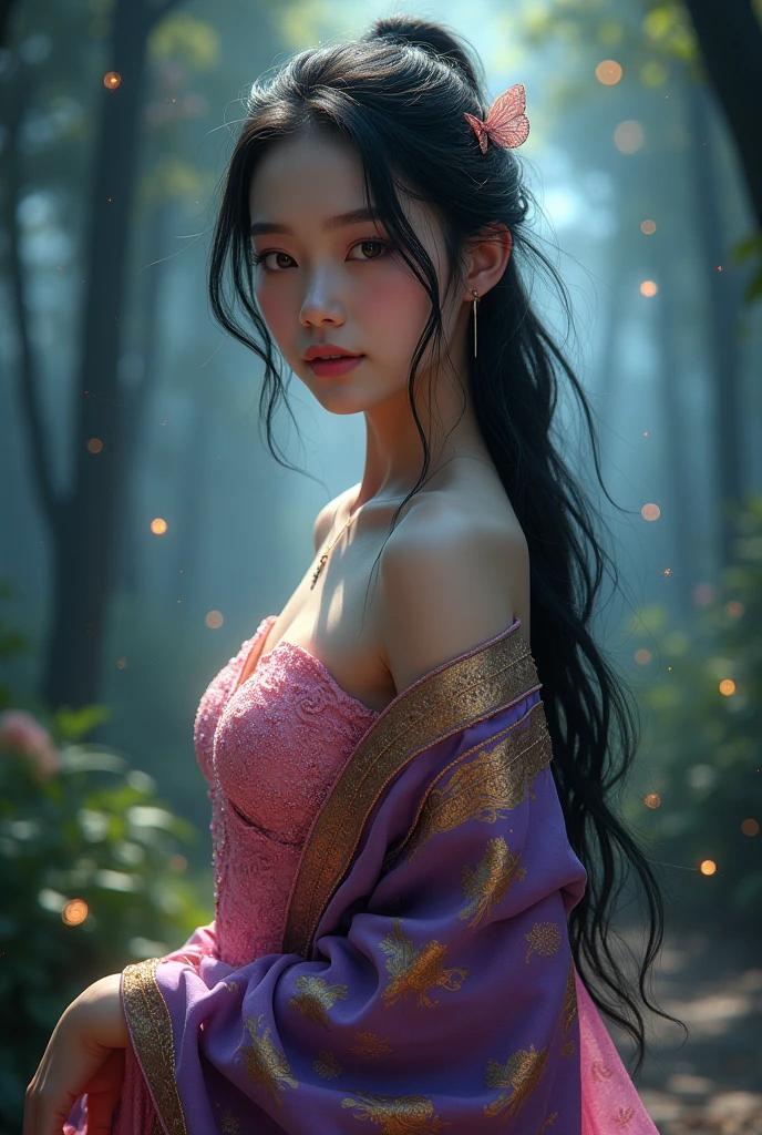 Full movie 4k hipper Think of it like the movie poster for In the Wind of Flowers.. The full-body image features a beautiful young woman as the main character., Wearing a sparkling pink Dusit Thai dress and a purple and gold sarong, have long black hair, Tie loosely and secure with a small hair clip floating at the back.. Light from the stars, Beautiful and realistic scenes of a mysterious forest, Glittering light. 3D image, oil painting, Sharp picture.